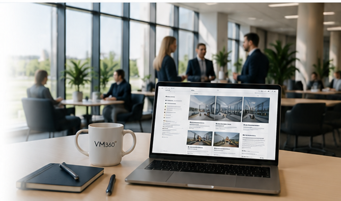 Illustratie van een werkplek met VM360°-laptop en overleg op de achtergrond